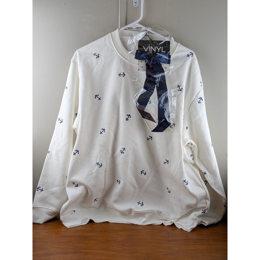 Vinyl Icons Womens White Anchor Print Sweatshirt with Navy Bow XL